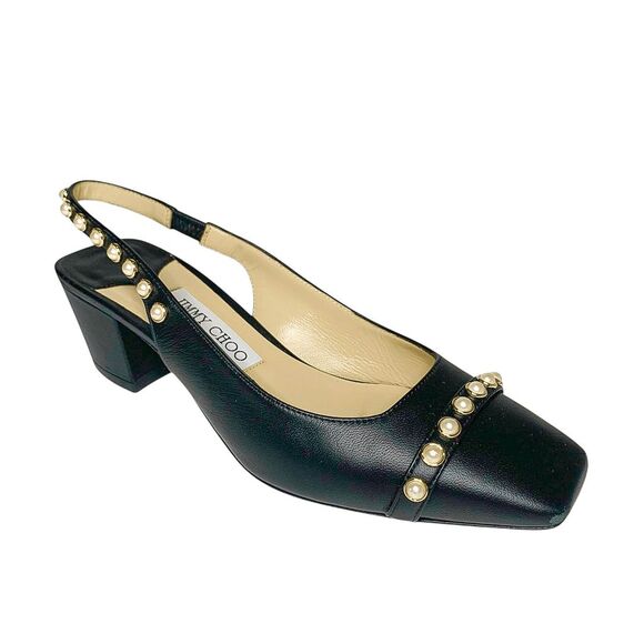 Jimmy Choo Hya 45 Pearl Stud Slingback Pump Black Leather Block Heel Size 37 - Picture 1 of 11